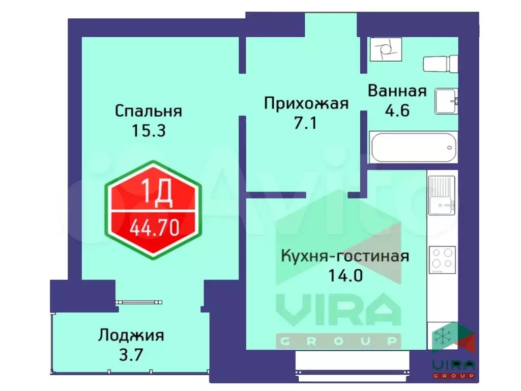 1-к. квартира, 44,7 м, 13/14 эт. - Фото 1