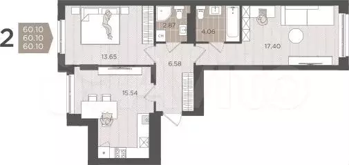 2-к. квартира, 60,1 м, 4/9 эт. - Фото 1