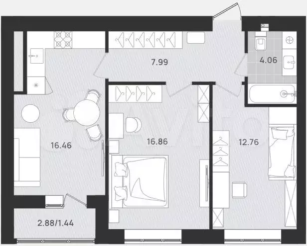 2-к. квартира, 59,6 м, 6/9 эт. - Фото 1