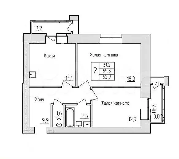 2-к. квартира, 62,3 м, 1/11 эт. - Фото 0