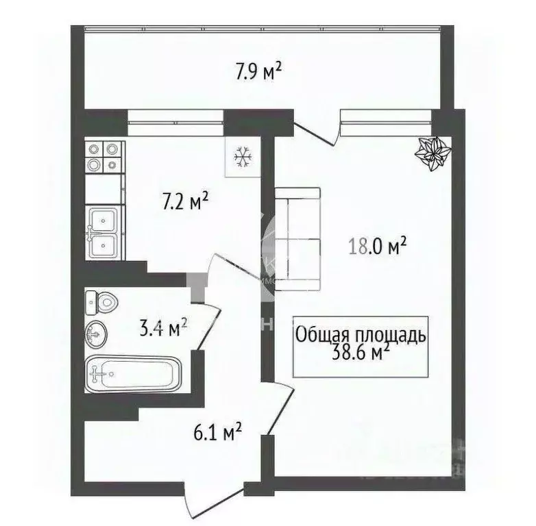 Квартира, 1 комната, 38.6 м - Фото 0