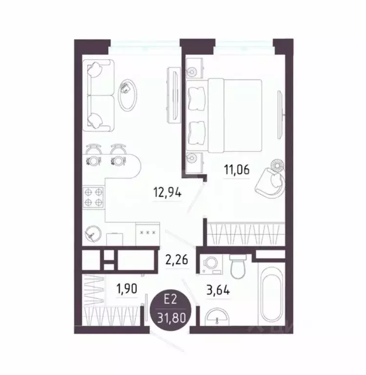 1-к кв. Тульская область, Тула ул. Пряничная, 5 (32.0 м) - Фото 2