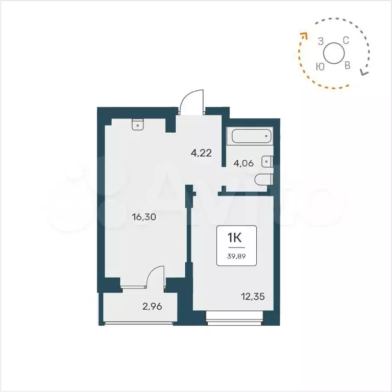 1-к. квартира, 39,9 м, 8/9 эт. - Фото 0