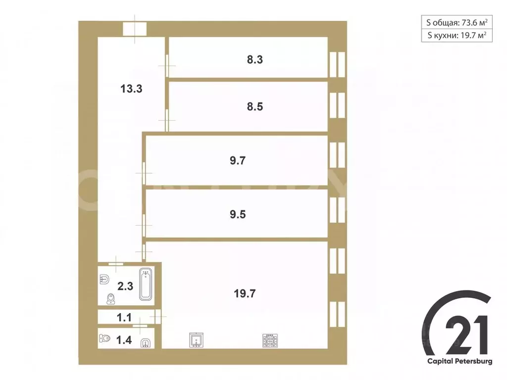 4-к кв. Санкт-Петербург Большой Казачий пер., 9 (73.6 м) - Фото 2