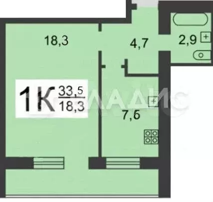 1-к. квартира, 33,5 м, 6/9 эт. - Фото 0