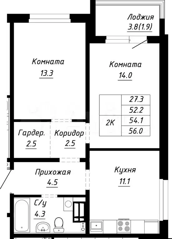 2-к. квартира, 56 м, 3/10 эт. - Фото 1