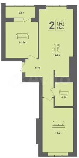 2-к. квартира, 56 м, 3/6 эт. - Фото 0