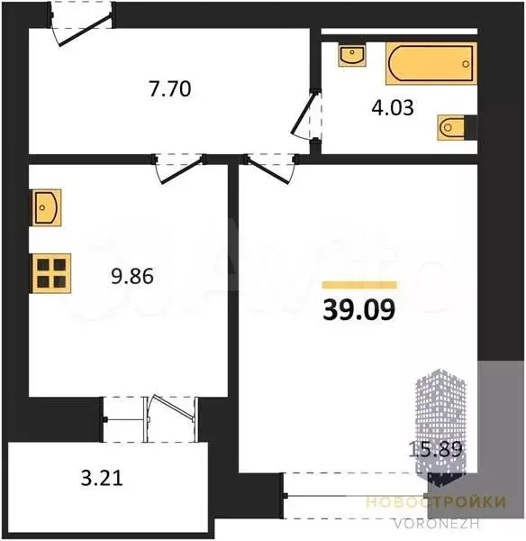 1-к. квартира, 39,1 м, 8/10 эт. - Фото 0