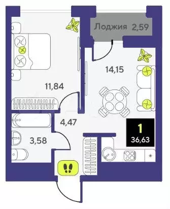 1-к. квартира, 36,6 м, 2/14 эт. - Фото 1