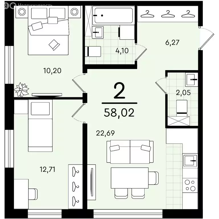 2-комнатная квартира: Тюмень, улица Александра Звягина, 10 (58.02 м) - Фото 0