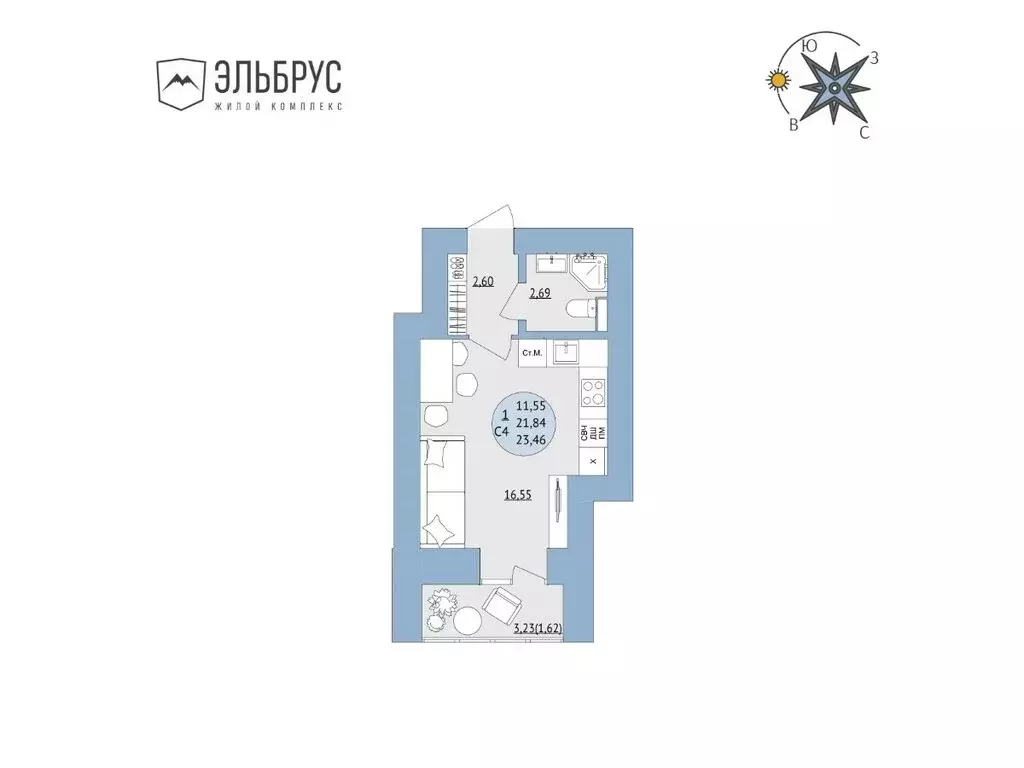 Квартира-студия: Уфа, микрорайон Юрюзань, ЖК Эльбрус, ск1 (23.46 м) - Фото 1