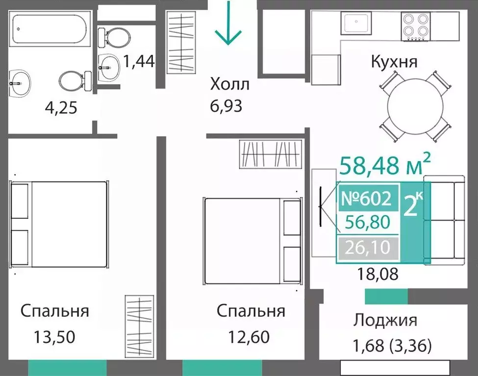 2-к кв. Крым, Симферополь Крымская роза мкр,  (58.48 м) - Фото 0
