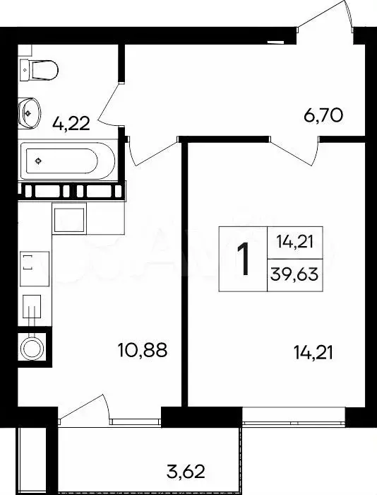 1-к. квартира, 39,6 м, 7/8 эт. - Фото 0