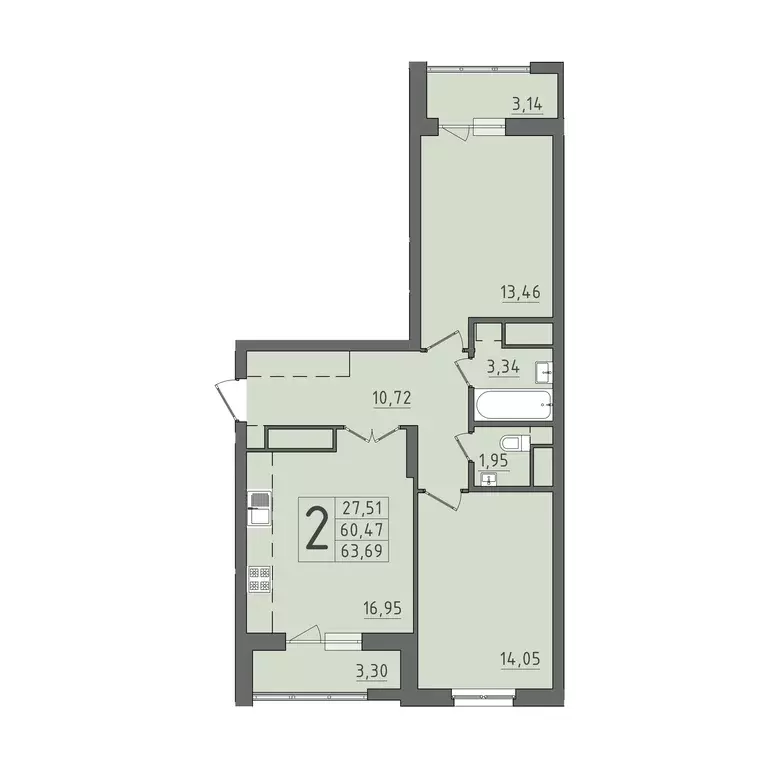 2-к квартира, 63.69 м - Фото 0