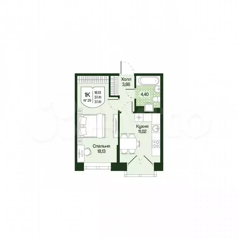 1-к. квартира, 37,4 м, 4/4 эт. - Фото 0