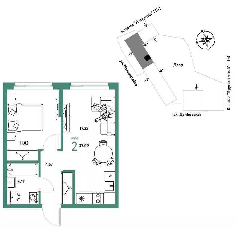 2-комнатная квартира: Тюмень, Хабаровская улица (37.09 м) - Фото 0