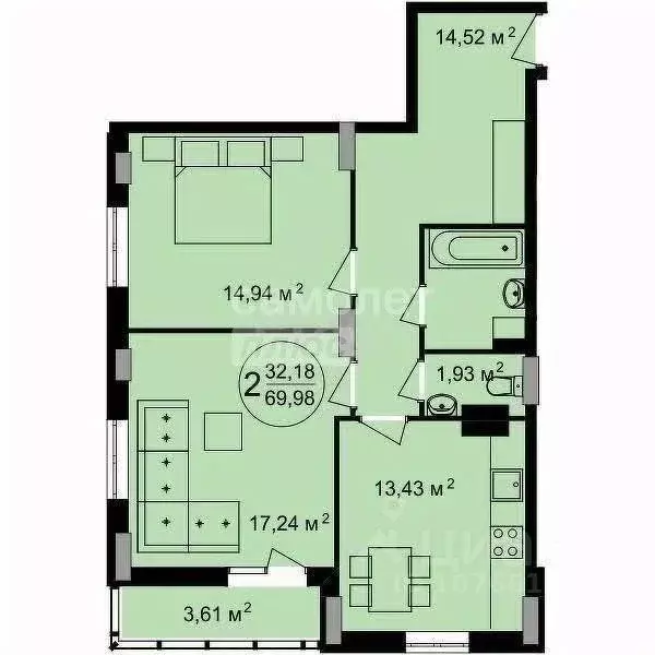 2-к кв. Липецкая область, Липецк ул. Гагарина, 145 (70.0 м) - Фото 2