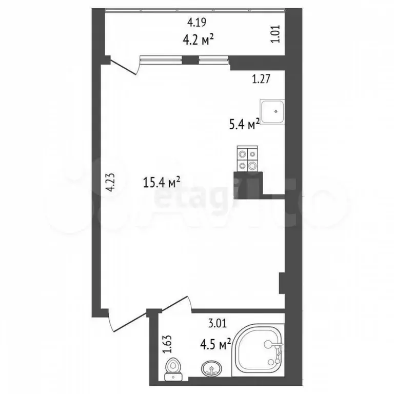 1-к. квартира, 31,9 м, 4/4 эт. - Фото 0