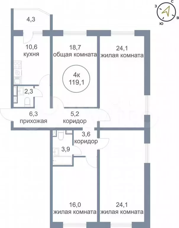 4-к. квартира, 119,1м, 2/8эт. - Фото 0