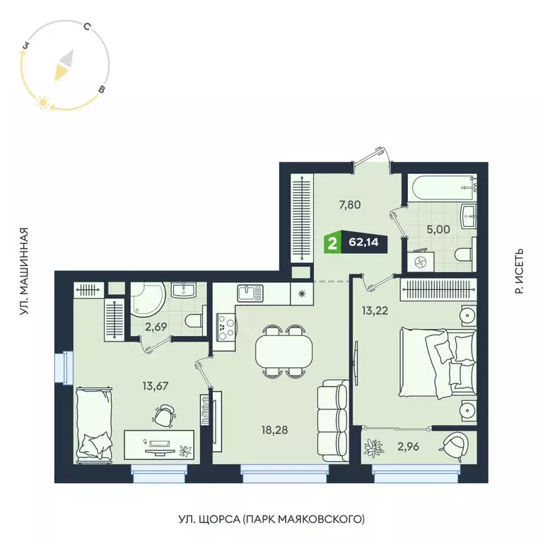 2-комнатная квартира: Екатеринбург, Машинная улица, 1В/4 (62.14 м) - Фото 1