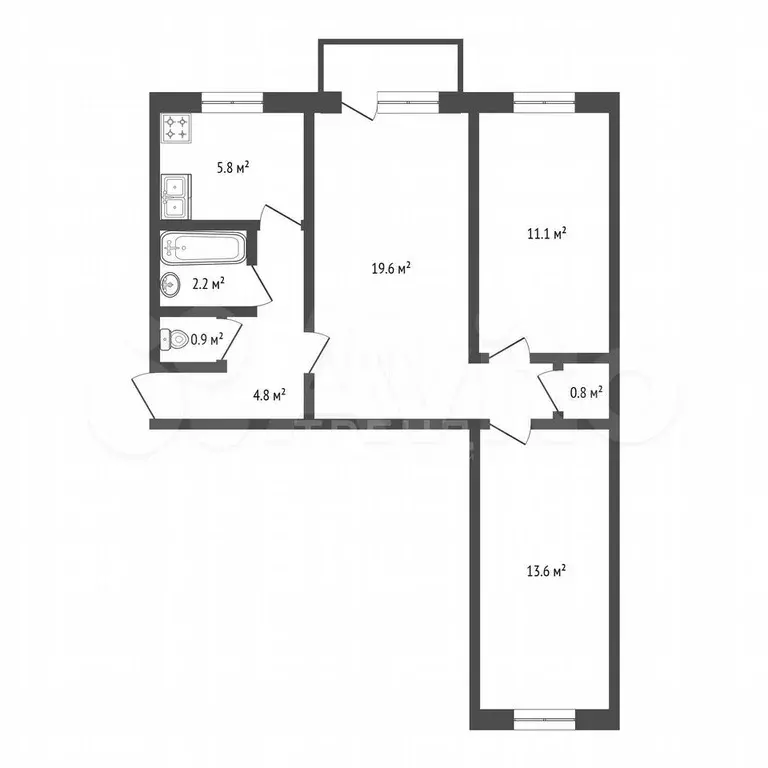 3-к. квартира, 58,8 м, 2/7 эт. - Фото 0