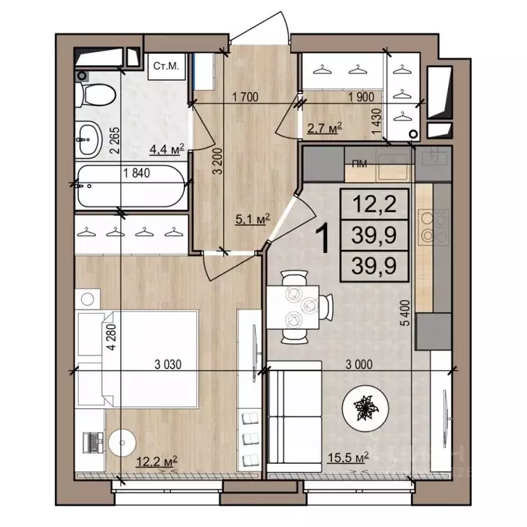 1-к кв. Рязанская область, Рязань ул. Новоселов, 33Б (39.9 м) - Фото 1