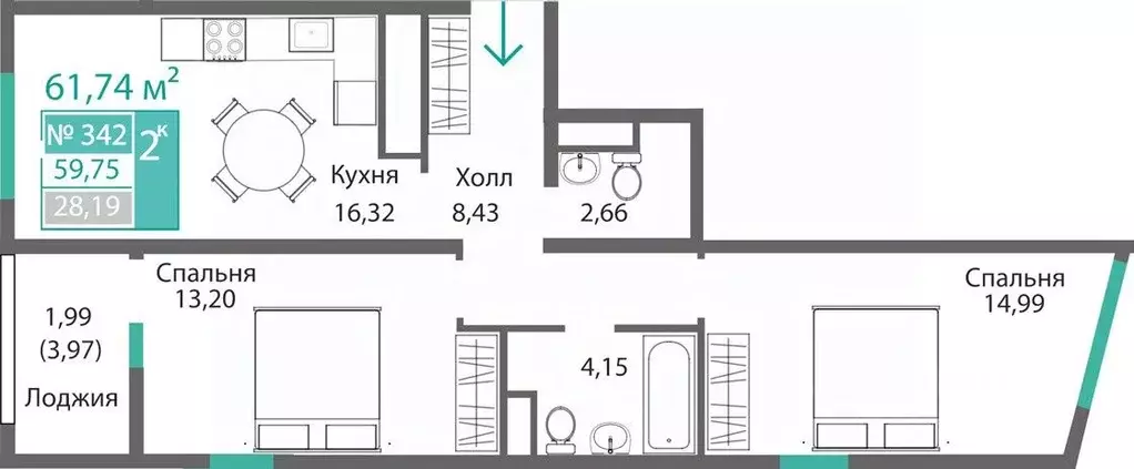 2-к кв. Крым, Симферополь Крымская роза мкр,  (61.74 м) - Фото 0