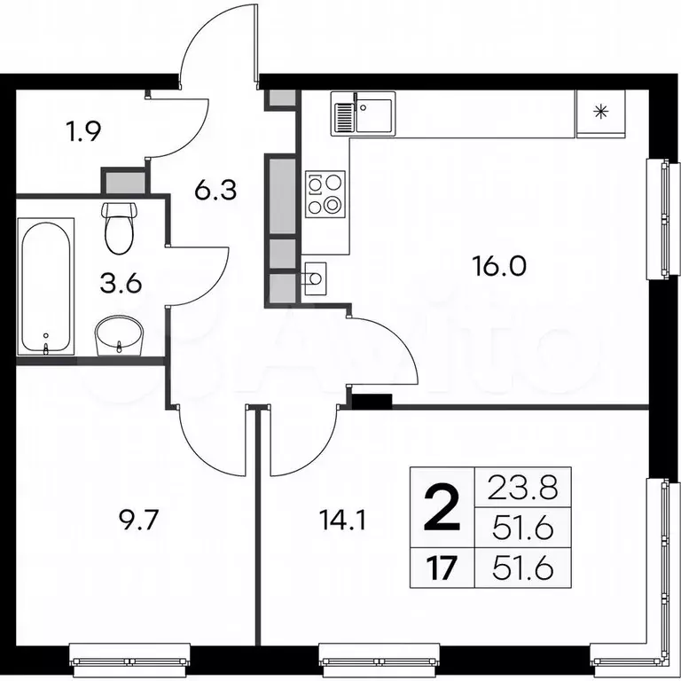 2-к. квартира, 51,6 м, 2/4 эт. - Фото 0