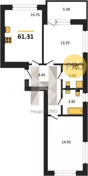 2-к. квартира, 61,3 м, 1/9 эт. - Фото 1