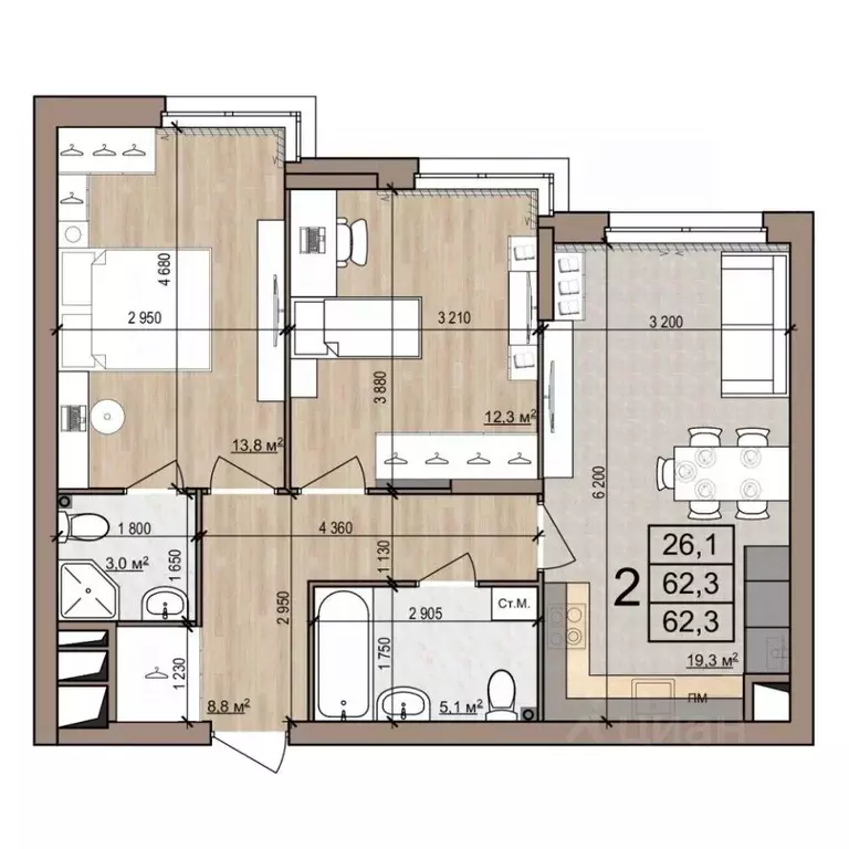 2-к кв. Рязанская область, Рязань ул. Новоселов, 33Б (62.3 м) - Фото 1