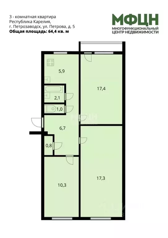 3-к кв. Карелия, Петрозаводск ул. Петрова, 5 (64.4 м) - Фото 2