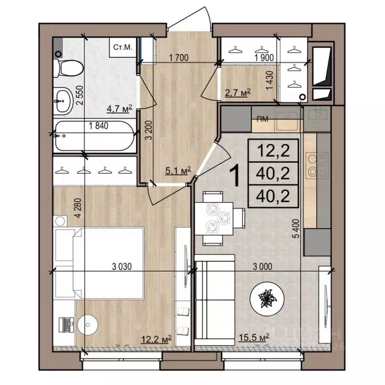 1-к кв. Рязанская область, Рязань ул. Новоселов, 33Б (40.2 м) - Фото 1
