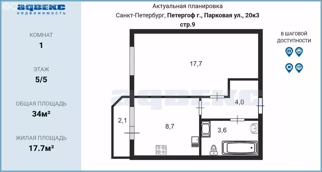 1-комнатная квартира: Петергоф, Парковая улица, 20к3с9 (34 м) - Фото 2