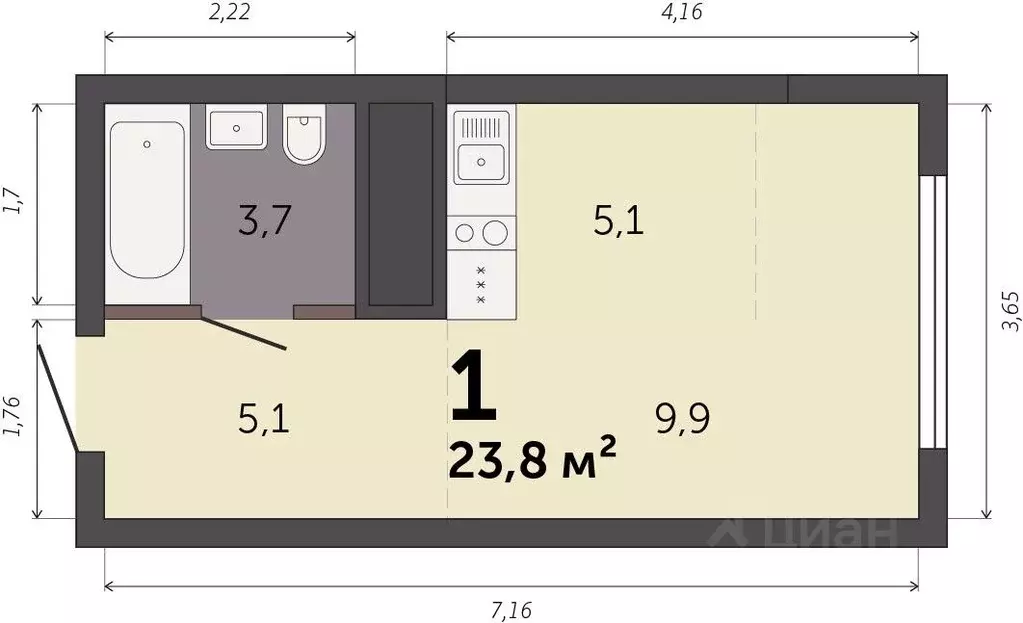 Студия Свердловская область, Екатеринбург Южный жилрайон,  (23.8 м) - Фото 0