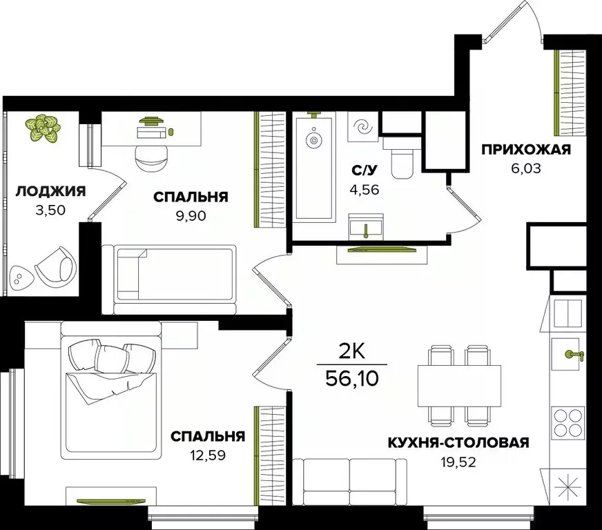 2-к кв. Тульская область, Тула  (56.1 м) - Фото 0