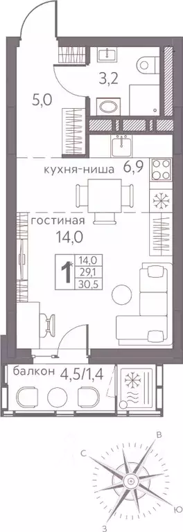 Студия Пермский край, Пермь ул. Серебристая, 3А (30.5 м) - Фото 0