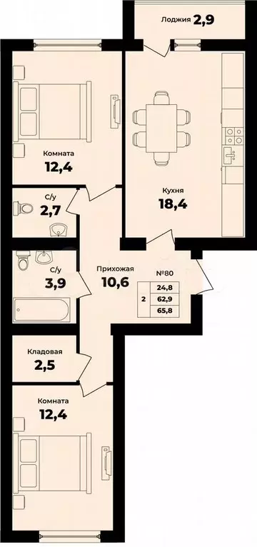 2-к. квартира, 64,4 м, 3/9 эт. - Фото 0