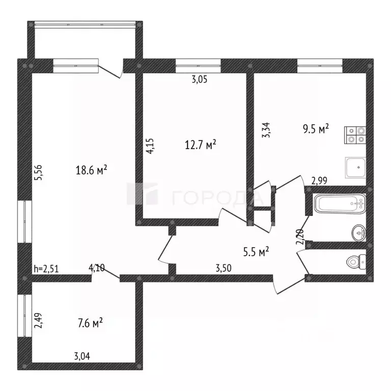 3-к кв. Кемеровская область, Новокузнецк ул. Кирова, 78 (57.8 м) - Фото 2