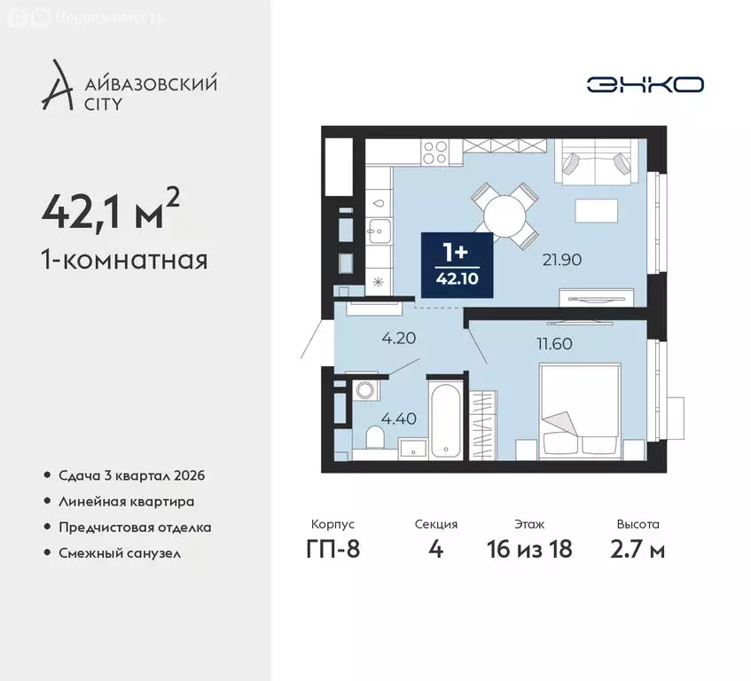 1-комнатная квартира: Тюмень, жилой комплекс Айвазовский Сити (42.1 м) - Фото 0