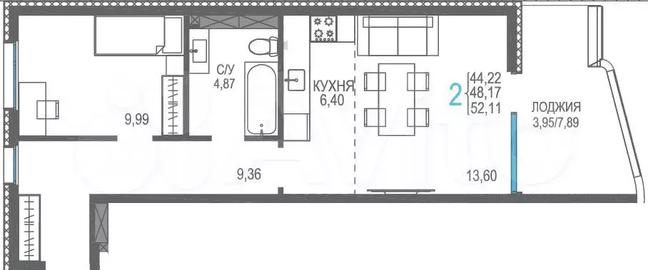 2-к. квартира, 48,2 м, 6/8 эт. - Фото 1