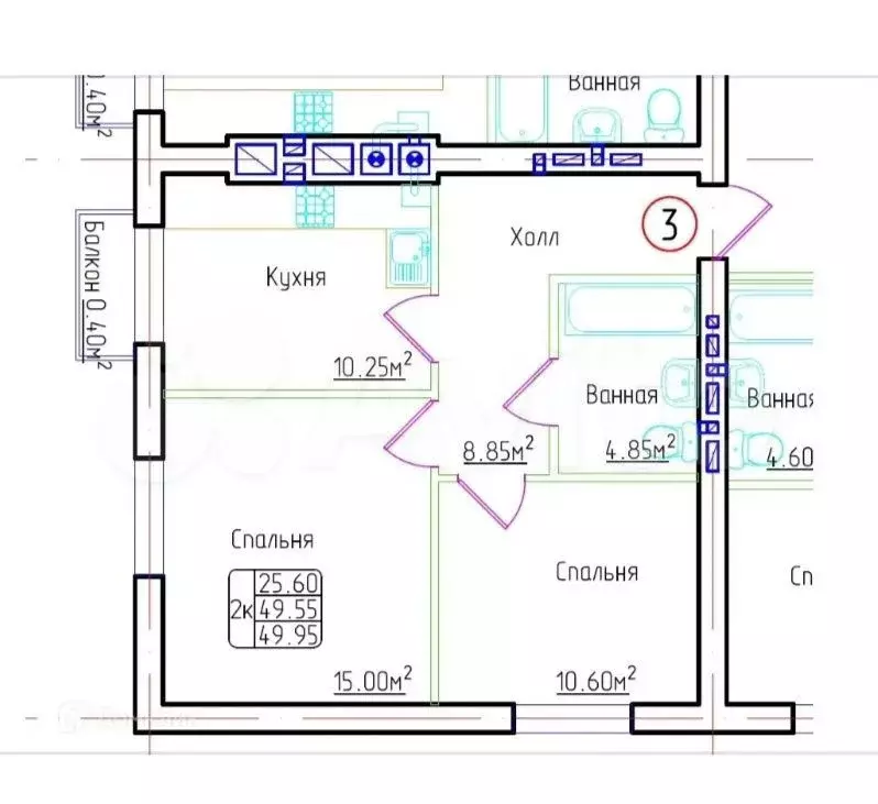 2-к. квартира, 50 м, 6/8 эт. - Фото 0