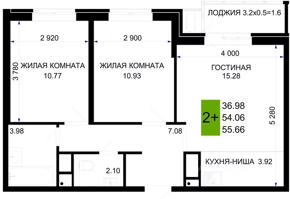 2-к кв. Краснодарский край, Краснодар  (55.66 м) - Фото 0