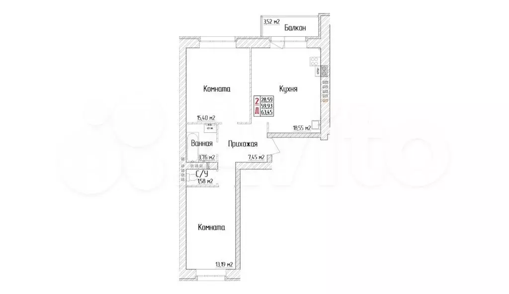 2-к. квартира, 63,5 м, 4/4 эт. - Фото 0