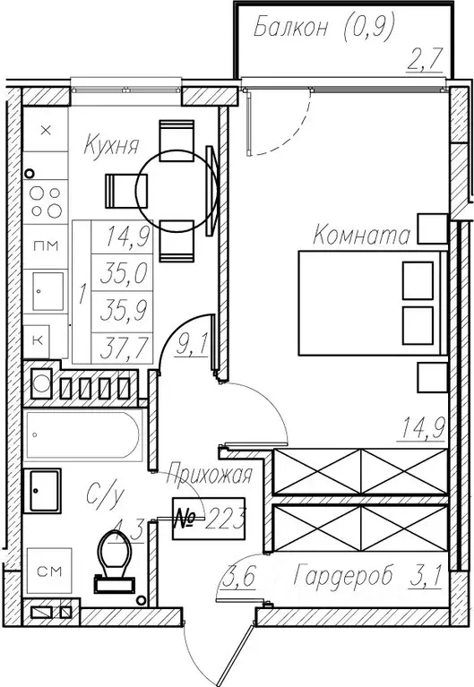 1-к кв. Калининградская область, Пионерский  (35.9 м) - Фото 1