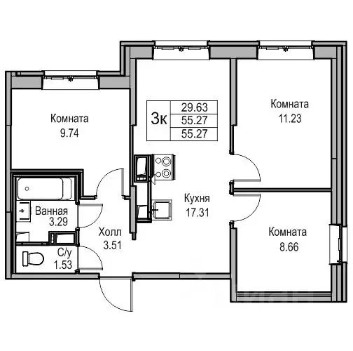 3-к кв. Санкт-Петербург ул. Ивинская, 19к1 (55.0 м) - Фото 1