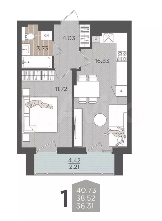 1-к. квартира, 38,5 м, 8/9 эт. - Фото 1