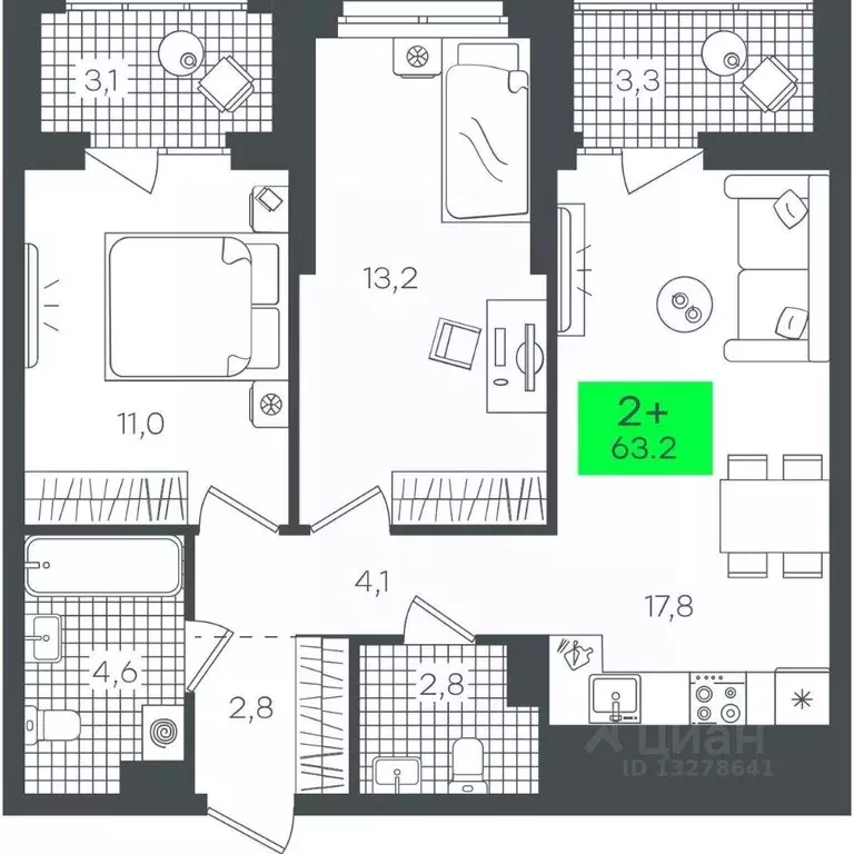 2-к кв. Тюменская область, Тюмень ул. Василия Малкова, 15 (63.21 м) - Фото 0