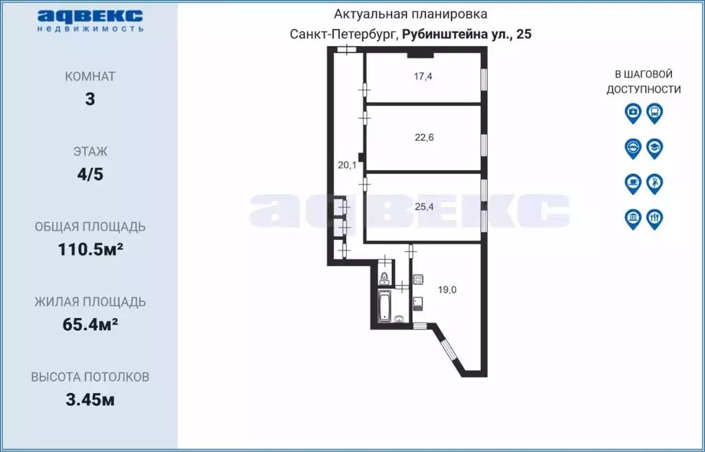 3-к кв. Санкт-Петербург ул. Рубинштейна, 25 (110.5 м) - Фото 1