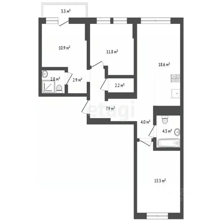 3-к кв. Тюменская область, Тюмень ул. Республики, 205к1 (84.0 м) - Фото 2