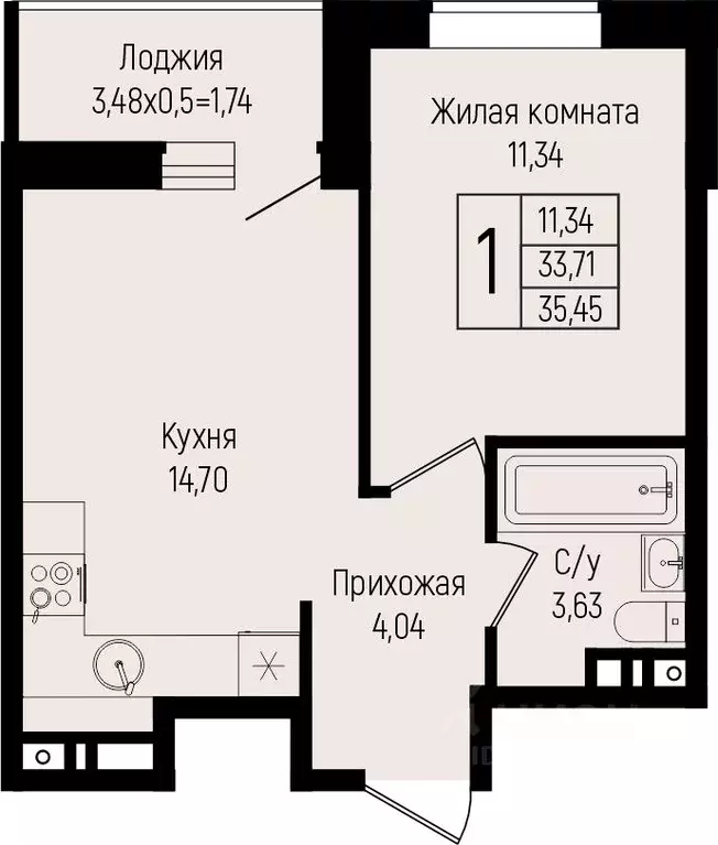 1-к кв. Краснодарский край, Краснодар ул. Михаила Барибана (35.45 м) - Фото 0